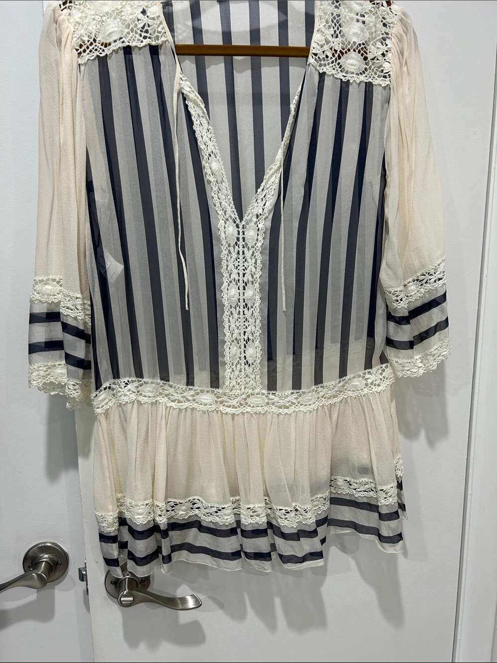 Alberta Ferretti Ivory and Navy Striped Lace-Trim Tunic